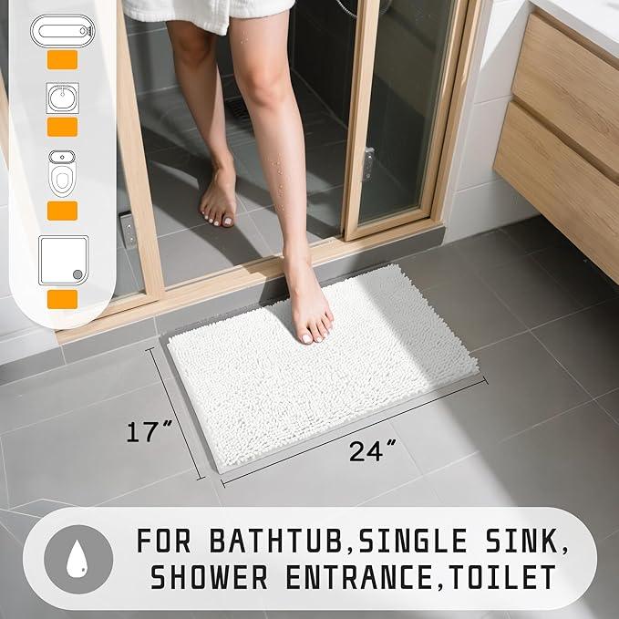Yimobra Washable Bathroom Rugs, Super Soft & Absorbent Chenille Bath Mat for Floor & Carpet, Quick Dry Non Slip Bath Mat for Tub Shower, 24" x 17",White - ModernBath