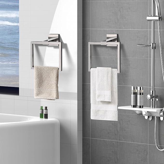 LANC Hand Towel Rings for Bathroom Wall Mount Brushed Finished Square Hand Towel Holder for Kitchen Towel Holder Lavatory SUS304 Stainless Steel Contemporary Style Shower Towel Racks Hanger, A8896BN - ModernBath