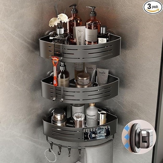 Voldra Corner Shower Caddy Suction Cup, Corner Shower Shelves No Drilling, Aluminum Upgrade Suction Cup Shower Organizer with Towel Bar & Hooks Removable Bathroom Storage Rack(3 Pack,Gray) - ModernBath