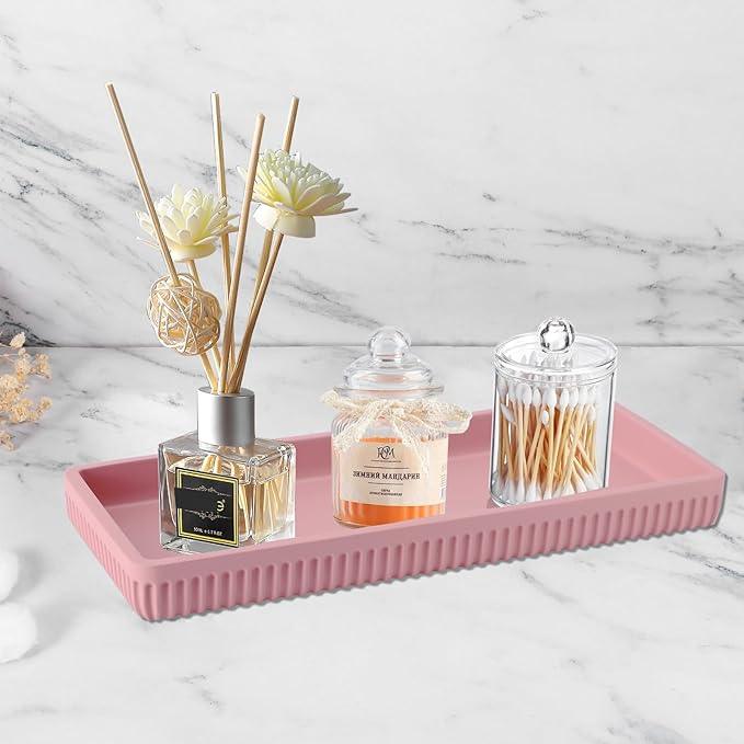 XLHOMO Resin Pink Bathroom Accessories Set 5 Pcs, Lotion Soap Dispenser, Toothbrush Holder, Bathroom Tumbler, Qtip Holder and Vanity Tray, Bathroom Countertop Organizer Set for Modern Home Apartment - ModernBath