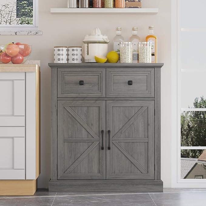 Vabches Farmhouse Buffet Sideboard with Drawers, Wood Pantry Cabinet with Storage, Rustic Storage Cabinet with Adjutable Shelf and Barn Door for Kitchen, Dining Room, Living Room, Black - ModernBath