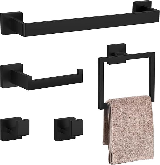 Bathroom Accessory Towel Bar Set: 5 Pieces Matte Black Bathroom Hardware Square SUS304 Stainless Steel - Wall Mounted Towel Rack&Toilet Paper Holder&Towel Ring and Robe Hooks. - ModernBath