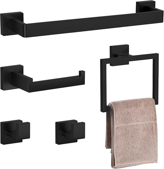 Bathroom Accessory Towel Bar Set: 5 Pieces Matte Black Bathroom Hardware Square SUS304 Stainless Steel - Wall Mounted Towel Rack&Toilet Paper Holder&Towel Ring and Robe Hooks. - ModernBath