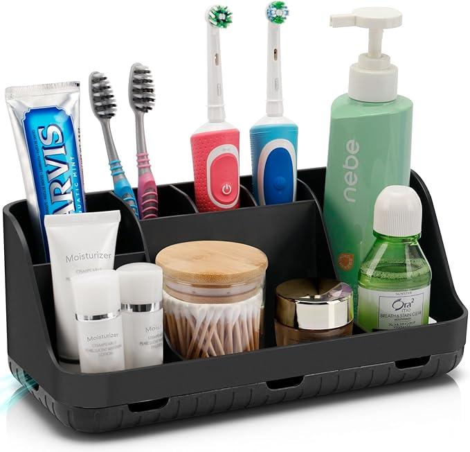 GFWARE Black Toothbrush Holder - 7 Slots Bathroom Organizer Countertop with Drainage Matte Black Electric Toothbrush and Toothpaste Holder for Bathroom Accessories Organization Vanity Sink Storage - ModernBath