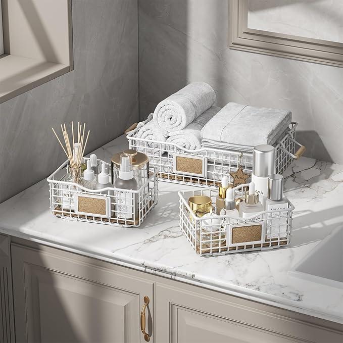 Bathroom Organizers and Storage, 3 Pack Storage Baskets for Shelves, Multipurpose Bins Organizer with Wooden Handles, Decorative Organizer Baskets Set for Bathroom, Laundry, Living Room - White - ModernBath