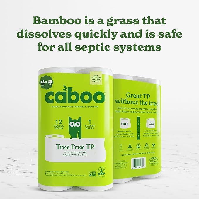 Caboo Tree Free Toilet Paper, Tree Free, Septic, Chemical Free Bath Tissue - 2 Ply Sheets, 300 Sheets Per Roll, 12 Double Rolls - ModernBath