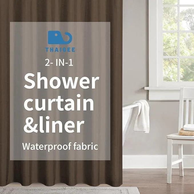 THAIGEE 2-in-1 Waterproof Fabric Shower Curtain or Liner,Linen Textured,Breathable TPU & Washable Bathroom Shower Curtain Set with 12 Plastic Hooks,Modern,72"x72" Brown - ModernBath