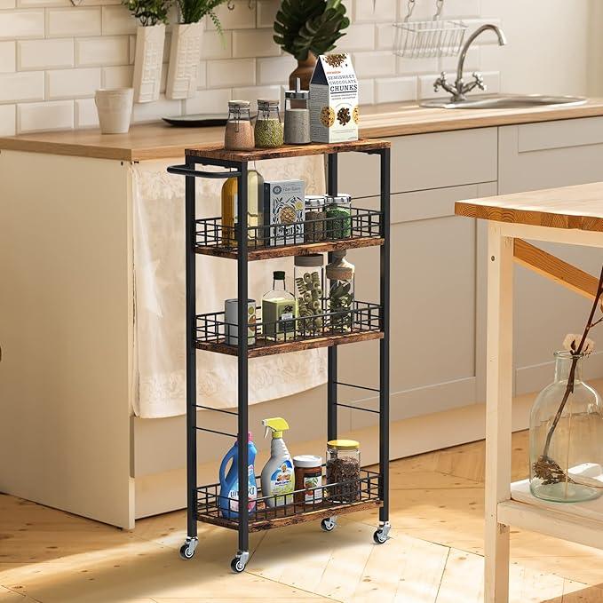 Slim Storage Cart Rolling Kitchen Cart with Wheels Narrow Laundry Storage Utility Cart 4 Tier Bathroom Mobile Shelving Unit Organizer with Wood Tabletop Trolly Cart with Handle for Small Spaces, Brown - ModernBath