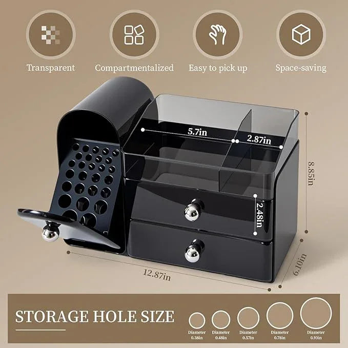 Makeup Organizer with Brush Holder for Vanity, Large Cosmetic Display Cases with 2 Drawers, Skincare Organizer for Bathroom Countertop, Black - ModernBath