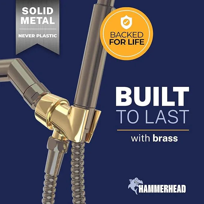 HammerHead Showers® Solid Metal Handheld Shower Head Holder - Polished Brass - Adjustable Shower Wand Holder with Universal Wall Hook Bracket and Brass Pivot Ball - Hand Held Shower Head Holder - ModernBath