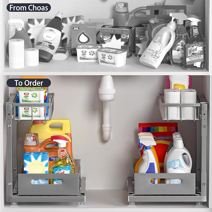 Under Sink Organizer for Kitchen and Bathroom, 2 Pack 2 Tier Pull Out Storage Rack - Height Adjustable Heavy Duty Metal Basket with High Capacity & Safety Stopper, Rustproof for Cleaning Supplies - ModernBath