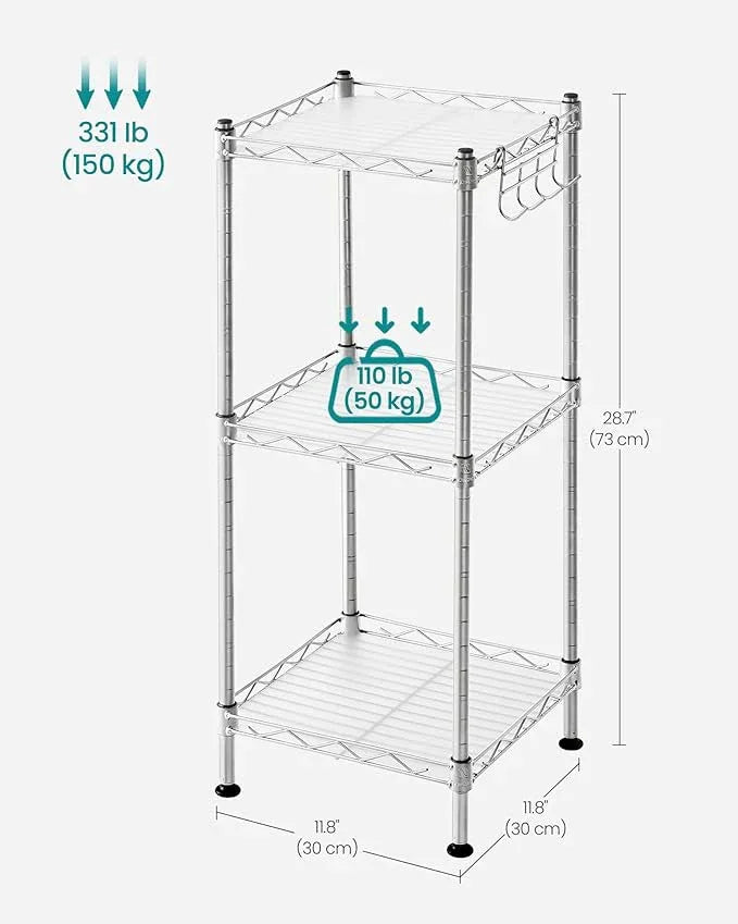 SONGMICS 3-Tier Bathroom Shelf, Storage Rack for Small Space, with 3 PP Shelf Liners, Removable Hook, Extendable Design, Silver and Translucent ULGR103E01 - ModernBath