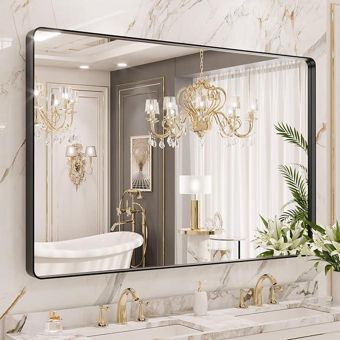 LOAAO 55X36 Inch Black Metal Framed Bathroom Mirror for Wall, Matte Black Bathroom Vanity Mirror Farmhouse, Large Rounded Rectangle Mirror, Anti-Rust, Tempered Glass, Hangs Horizontally or Vertically - ModernBath