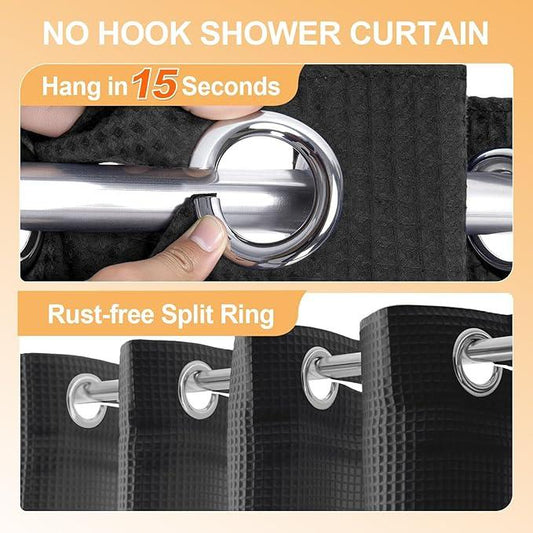 River Dream No Hook Cotton Blend Shower Curtain with Snap in Liner, Hotel Grade Shower Curtains for Bathroom, Water Repellent, Black, 71" Wx74 L - ModernBath