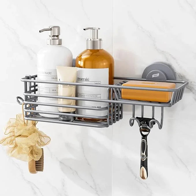 TAILI Shower Caddy Suction Cup with Hooks & Soap holder, Heavy Duty Bathroom Shower Organizer, No Drilling Shower Shelves for Inside bathroom, Metal Storage Basket-Grey - ModernBath