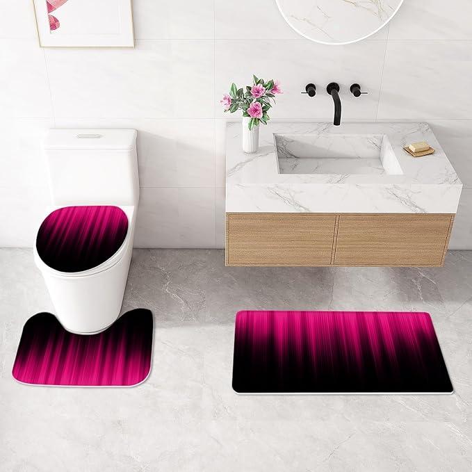 Litabel 4 Pcs Hot Pink and Black Gradient Shower Curtain Set with Rugs and Toilet Lid Cover, Modern Simple Waterproof Fabric Bathroom Set, Ombre Stripe Gothic Abstract Bathroom Decor Set Accessories - ModernBath