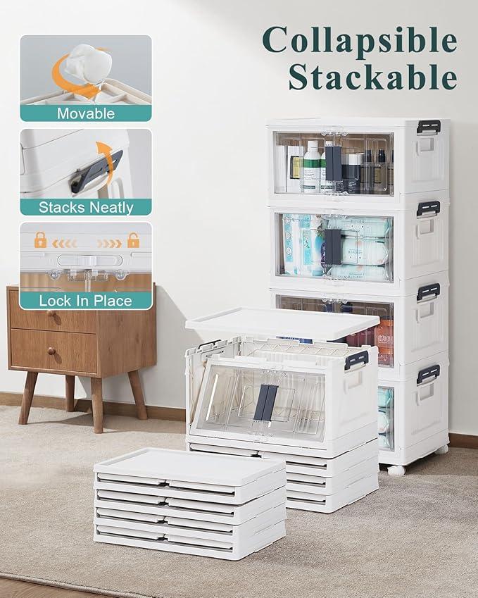 OlarHike 23QT Stackable Storage Bins with Lids - Folding Storage Box with Doors and Wheels, Collapsible Plastic Storage Drawers for Closets, 4 Pack Cubes - ModernBath