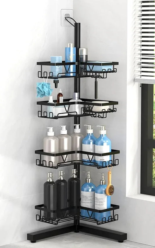 KEGII Corner Shower Caddy Standing – 4-Tier Shower Shelf Organizer with Hooks & Soap Holder, Free-Standing Bathroom Storage Rack for Shampoo & Toiletries, Black - ModernBath