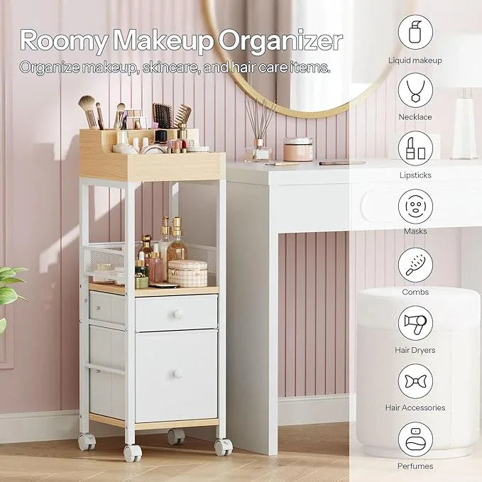 HOOBRO Makeup Organizer Cart, Floor Makeup Storage with Fabric Drawers, Mobile Vanity Organizer, Cosmetics Display Cases, for Skincare, Brush, Hair Tool, Perfume, White and Natural WN19TC04 - ModernBath