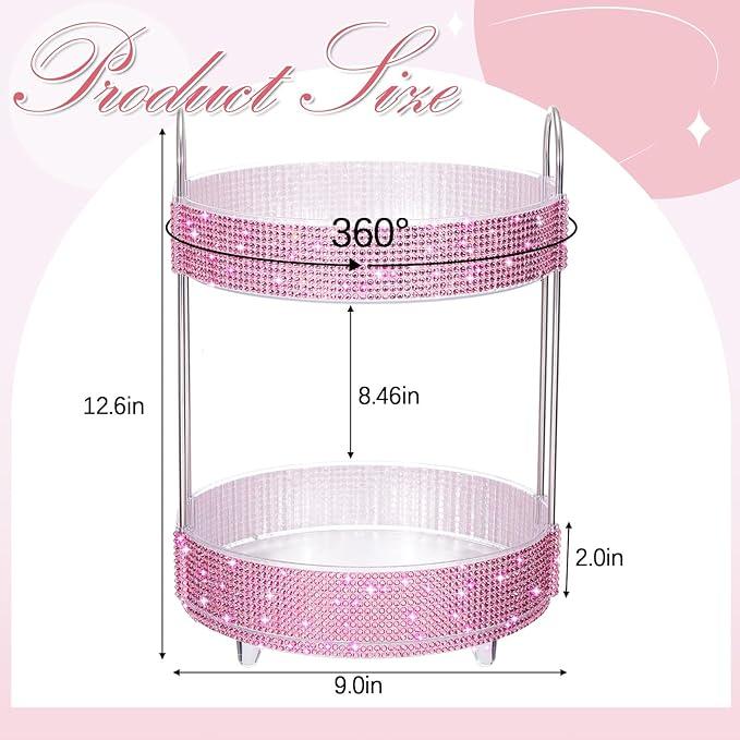 Honeydak 360 Rotating Perfume Organizer Rhinestone Bathroom Counter Organizer Makeup Holder with 2 Tiers Skincare and Perfume Storage, Vanity Storage for Cosmetic Countertop Decor (Pink) - ModernBath