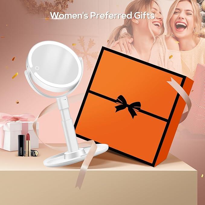 B Beauty Planet Vanity Mirror with Lights, 30X Magnifying Makeup Mirror with 3 Lighting and Adjustable Brightness, Rechargeable 2-Sided Height Adjustable Desk Mirror for Bathroom, Gift for Women White - ModernBath