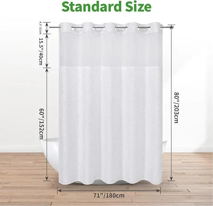 eachope Long No Hook Shower Curtain and Liner Set,Boho Style with See Through Top Window,White Fabric Tufted Striped Textured Outer Curtain with Snap in Liner, White,71Wx80H - ModernBath