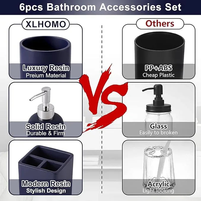 Resin 6 Pcs Navy Blue Bathroom Set Complete with Toothbrush Holder, Lotion Soap Dispenser, 2 Qtip Holder Dispensers,Vanity Tray,Bathroom Tumbler - Countertop Vanity Organizer - Bathroom Accessories - ModernBath