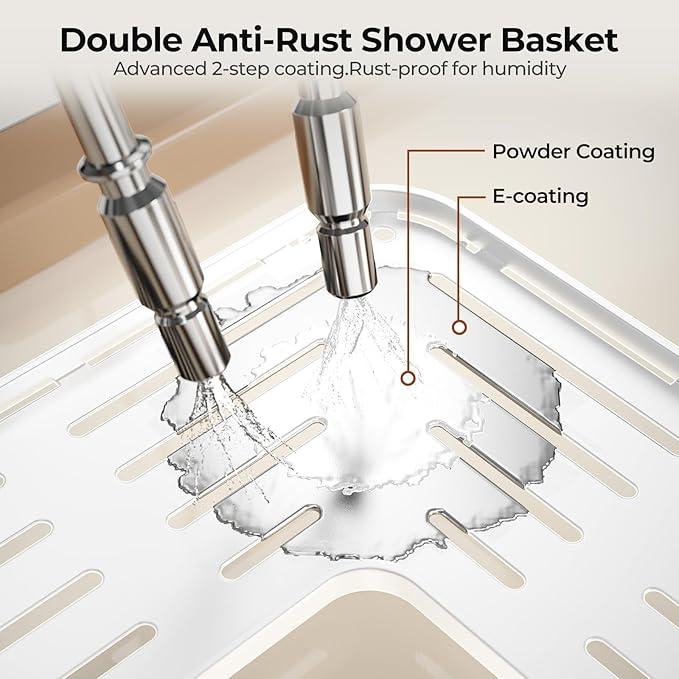 Orimade Rustproof 2 Tier Floor Standing Corner Shower Caddy Organizer with Toothbrush Holder, Large Spacing Floor Shower Shelf Rack Storage Stands with Hooks for Bathroom Kitchen, White - ModernBath