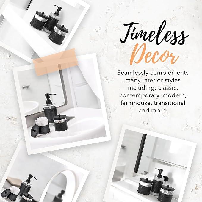 Autumn Alley Adorable 3 Piece Modern Farmhouse Bathroom Accessory Set for Sink/Vanity - Matte Black Soap Dispenser, Cotton Ball Container with Lid, Qtip Organizer – Rustic Farmhouse Bathroom Decor - ModernBath