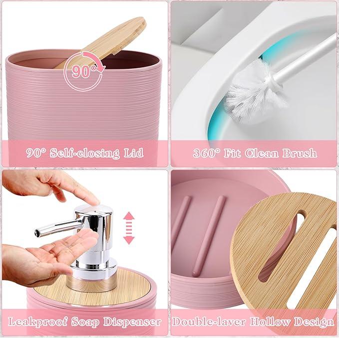 XLHOMO Pink Bathroom Set, Pink Bathroom Accessories Set with Trash Can, 2PCS Soap Dispensers, Soap Dish, Toothbrush Holder, Toothbrush Cup,Toilet Brush, Tray and Qtip Holders for Bathroom Decor - ModernBath