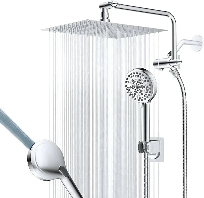 12" All Metal Shower Head, High Pressure Rainfall Shower Head/Handheld Showerhead Combo with 11" Adjustable Shower Extension Arm, 71" Hose, Shower Head Holder, Chrome - ModernBath