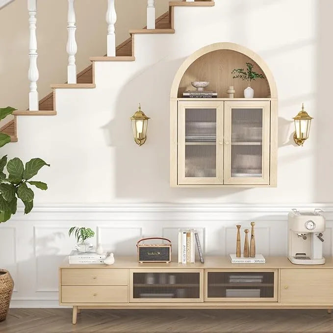 Arched Bathroom Cabinet, Wall Mounted Bathroom Cabinet with Tempered Glass Doors and Adjustable Shelf, for Kitchen, Living Room, Laundry Room, Restroom, Oak - ModernBath