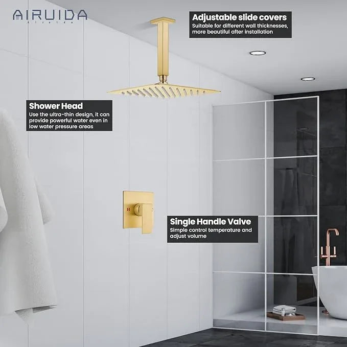Airuida Shower Faucet Set and Handle Set Single Function Shower Trim Kit Ceiling Mount Rainfall Shower System with Male Threads and Rough-in Valve 12 Inch Square Shower Head Brushed Gold - ModernBath