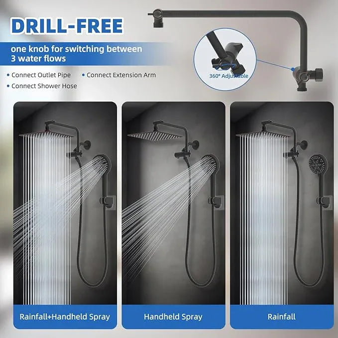 All Metal Shower Head, 10" High Pressure Rainfall/Handheld Shower Combo with 11" Extension Arm, 10-Spray Handheld Showerhead, 71" Long Hose, 3-Way Diverter Valve, Oil Rubbed Bronze - ModernBath