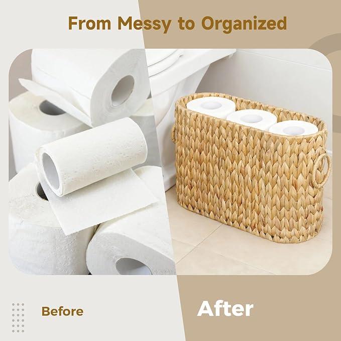Toilet Paper Storage, Woven Roll Toilet Paper Basket with Dual Handles, Natural Water Hyacinth Basket Holder, Bathroom Accessories Organizer, Brown, 16.1 x 5.5 x 10.6 in - ModernBath