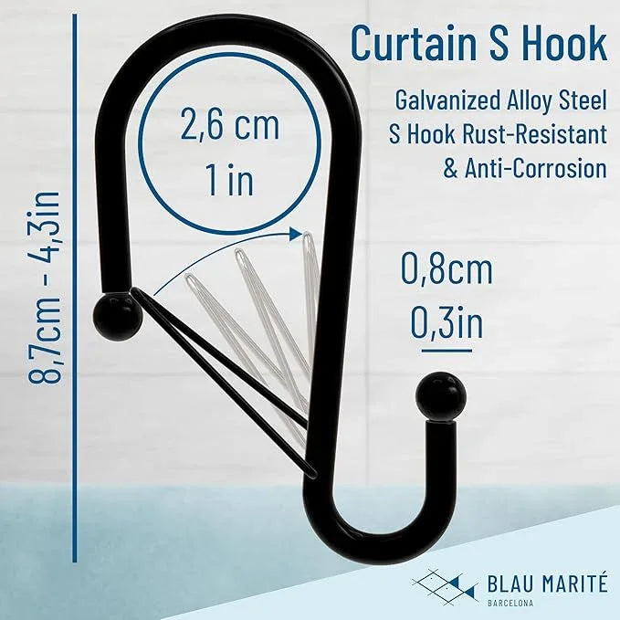 Blau Marité Set of 12 Black Metal S Hook Shower Hooks 1” – Closed, Heavy Duty, Long Decorative Shower Curtain Hooks, Easy Glide, Buckle, Large Rust Resistant Rings for Bathroom Rods (Black, S) - ModernBath
