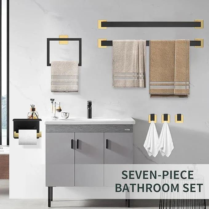 7-Piece Bathroom Set - Black & Gold Accessories Set - Square Towel Bar 2x23'', Hand Towel Rack, Toilet Paper Holder, 3x Towel Hook, Bathroom Hardware - ModernBath