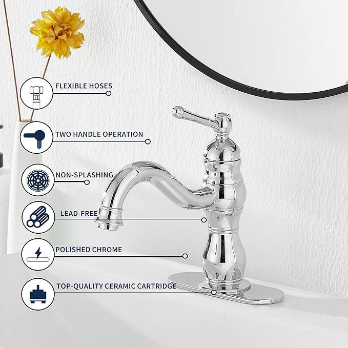 Chrome Bathroom Faucet GGStudy 360° Swivel Bathroom Vanity Faucet Single Handle One Hole Bathroom Sink Faucet Basin Matching Pop Up Drain with Overflow - ModernBath