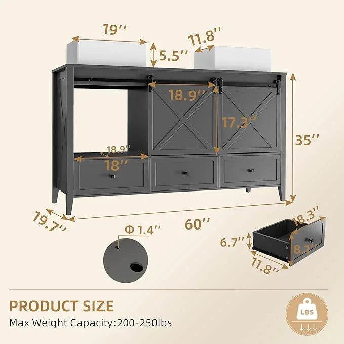 VNN Bathroom Vanity with Sink - 60 Inch Bathroom Vanity Double Sink Ceramic, Freestanding Cabinet with 2 Farmhouse Sliding Barn Doors and 5 Drawers, Space-Saving Storage Cabinet, Grey - ModernBath
