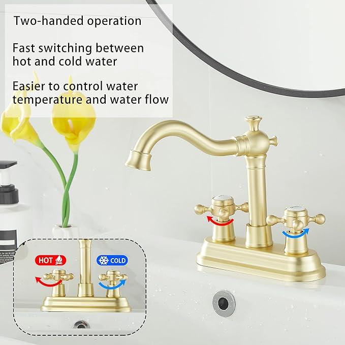 GGStudy Bathroom Faucet Brushed Gold 2 Handles 4 Inches Centerset Bathroom Vanity with Drain Assembly and Supply Hose Lavatory Faucet - ModernBath