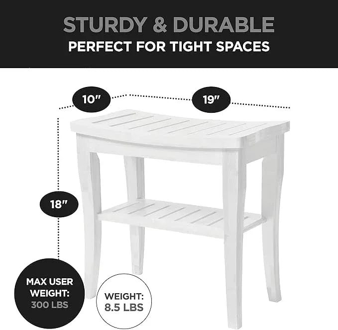 Bambüsi Bamboo Shower Bench Spa Stool - Wood 2-Tier Seat, Foot Rest Shaving Stool with Non-Slip Feet + Storage Shelf - Seat or Organizer for Bathroom, Living Room, Bedroom and Garden Décor (White) - ModernBath