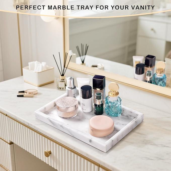 Homaura Marble Bathroom Tray for Countertop & Home Decor, Natural Decorative Marble Tray for Jewelry & Perfume Organizer, Luxury Stone Vanity Trays for Dresser, Kitchen Counter, 12" x 8", Starry White - ModernBath