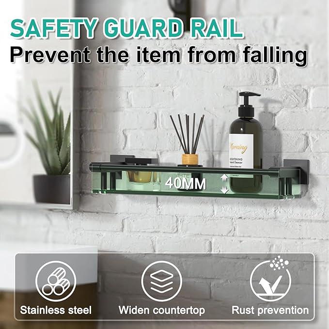 Glass Shelf 16IN for Bathroom Black Rectangular Stainless Steel Tempered Glass Modern Wall Mount Shelf Sink Over Toilet Bathroom Organizer (Matte Black, 16‘’) - ModernBath
