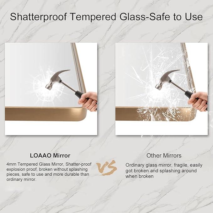 LOAAO 40”X36” Gold Bathroom Mirror, Rounded Rectangle Gold Frame Mirror, Brushed Gold Bathroom Vanity Mirror Wall-Mounted, Anti-Rust, Tempered Glass, Hangs Horizontally or Vertically - ModernBath