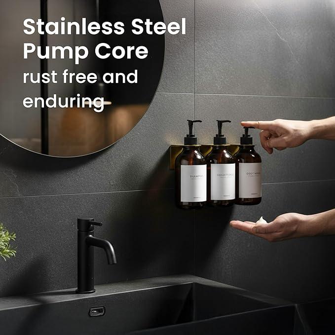 MaisoNovo Shampoo and Conditioner Dispenser - Shower Soap Dispenser Wall Mounted - 16.9 fl oz Set of 3 Amber Plastic Bottles Black Pump - 3 Chamber No Drill - ModernBath
