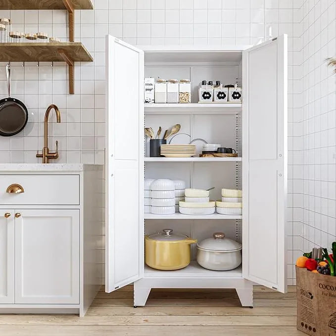 COFaR White Farmhouse Storage Kitchen Pantry Cabinet with 2 Barn Door, 3 Adjustable Shelves and Legs, for Cupboard/Dining Room/Bathroom/Living Room/Office/Laundry Room (White, 61" Farmhouse) - ModernBath