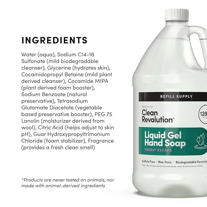 Clean Revolution Liquid Gel Hand Soap, Silky Rich Liquid, Quick Lather, Fast Rinsing, Contains Real Essential Oils (Forest Escape) 128 Fl Oz - ModernBath
