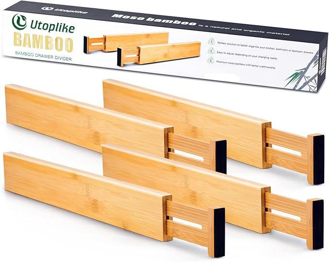 Utoplike 4 pcs Bamboo Kitchen Drawer Dividers Large, Adjustable Drawer Organizers, Spring Loaded, Works in Kitchen, Dresser, Bathroom, Bedroom, Drawer, Desk - ModernBath
