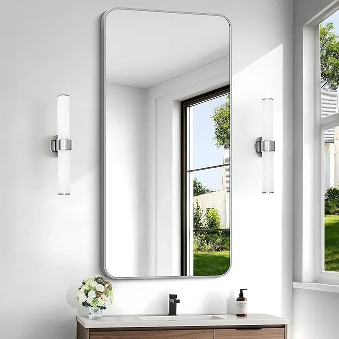 CIVENO 48x24 Inch Silver Bathroom Mirror, Metal Framed Silver Rectangle Mirror, Rounded Rectangular Vanity Mirror, Wall Mounted Mirrors for Living Room Bedroom Entryway Hangs Horizontal or Vertical - ModernBath