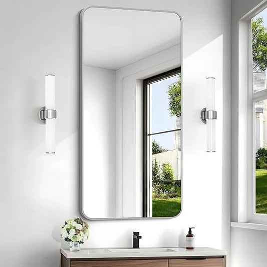 CIVENO 48x24 Inch Silver Bathroom Mirror, Metal Framed Silver Rectangle Mirror, Rounded Rectangular Vanity Mirror, Wall Mounted Mirrors for Living Room Bedroom Entryway Hangs Horizontal or Vertical - ModernBath